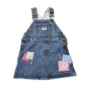 Vintage OshKosh Girls Denim Dress Toddler 2T Floral  Patch Overalls